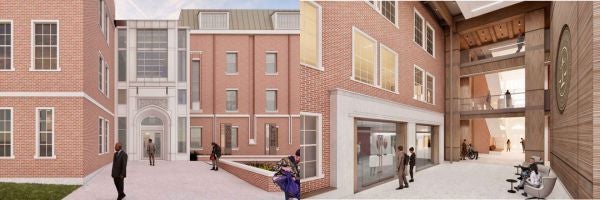 "Close up of the renovated building and atrium interior"
